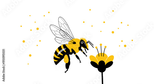 Whimsical Bee Approaching Blooming Yellow Flower with Pollen Dust