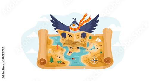 Whimsical Bird Guides Journey on Old Treasure Map Adventure