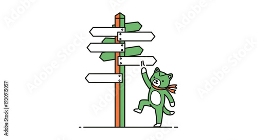 Whimsical Cat Character Pondering Directions at a Signpost