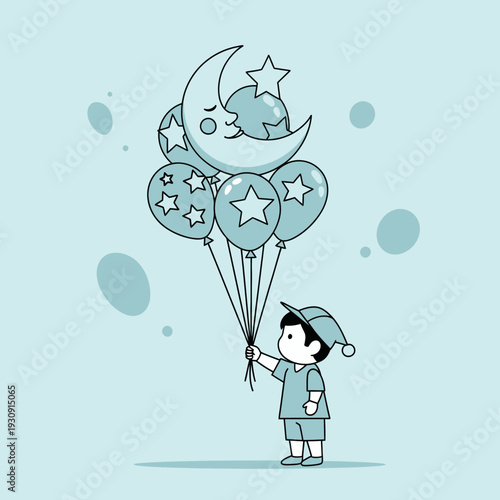 Whimsical Celestial Balloons Held By A Cheerful Child