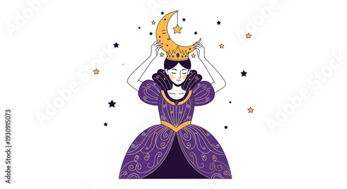 Whimsical Celestial Princess Adorned With Moon and Stars Illustration