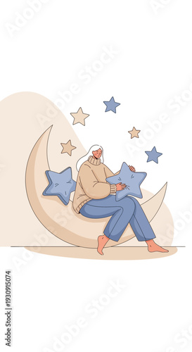 Whimsical Celestial Dreamscape Woman With Star Pillows On Moon
