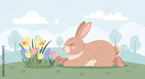 Whimsical Bunny Sniffing Spring Flowers In A Meadow Landscape