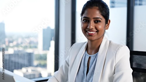 Wallpaper Mural Indian businesswoman typing on laptop in modern office during daytime Torontodigital.ca