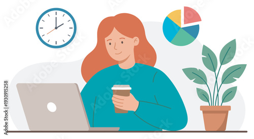 Young woman working on laptop with coffee cup while managing time and analyzing data in a productive office environment.