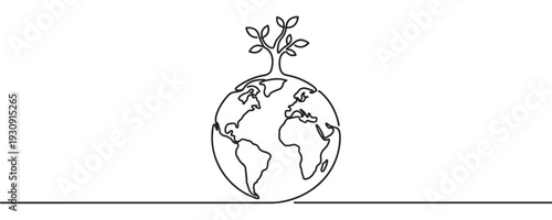 Earth tree continuous line drawing concept illustration for environmental sustainability and global ecological preservation.