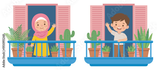 Happy children waving from their apartment balconies with potted plants, smiling cheerfully and enjoying the fresh air.
