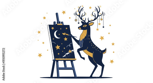 Whimsical Deer Artist Painting Celestial Night Sky Scene
