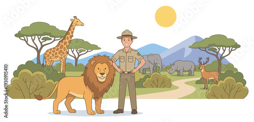 Park ranger and safari animals stand together in a vibrant savanna landscape under the warm sun, depicting wildlife conservation.