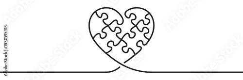 Heart puzzle pieces connected by a continuous line forming a symbolic representation of love, unity, and problem-solving.
