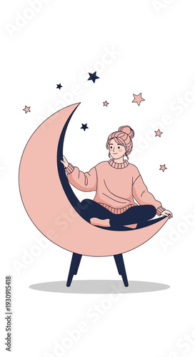 Whimsical Dreamer on a Crescent Moon with Stars