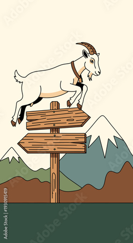 Whimsical Goat Leaping Over Directional Signpost Amidst Mountain Landscape