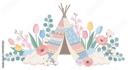 Cute bohemian teepee tent surrounded by a beautiful arrangement of pastel flowers and whimsical botanical elements.