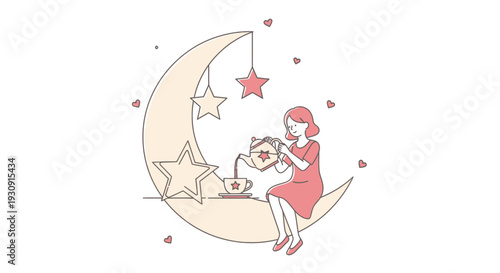Whimsical Dreamer Pouring Tea Under The Moon And Stars Celestial Scene