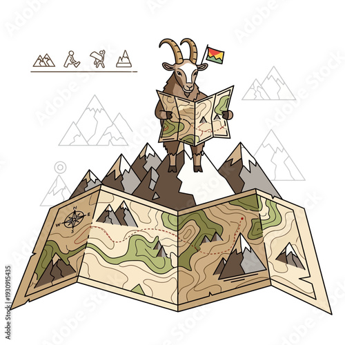 Whimsical Goat Navigates Mountainous Terrain Using Old Map Adventure Journey