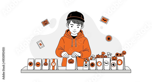 Whimsical Halloween Boy Preparing Treat Bags For Trick Or Treaters Festive Season