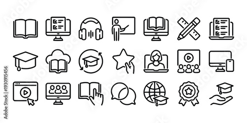 Online education and e-learning line icon set for digital training and study