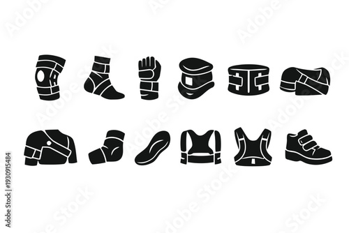 Orthopedic and sports protection gear icons including knee brace, ankle support, and neck collar