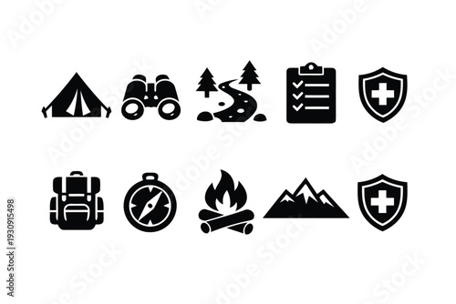 Outdoor adventure and camping equipment icons for travel exploration