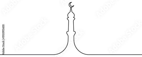 Minaret mosque tower continuous line drawing illustration of an Islamic religious building with a crescent moon symbol.