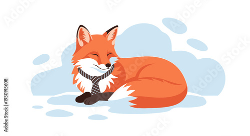 Whimsical Fox Dressed in Tie Resting Peacefully Amidst Soft Blue Cloud Shapes