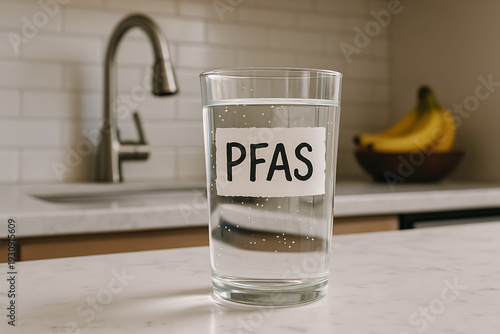 Household drinking glass with PFAS label representing chemical contamination in water supply and toxic environmental exposure