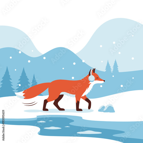 Whimsical Fox Enjoys Snowy Winter Wonderland Day Listening To Music