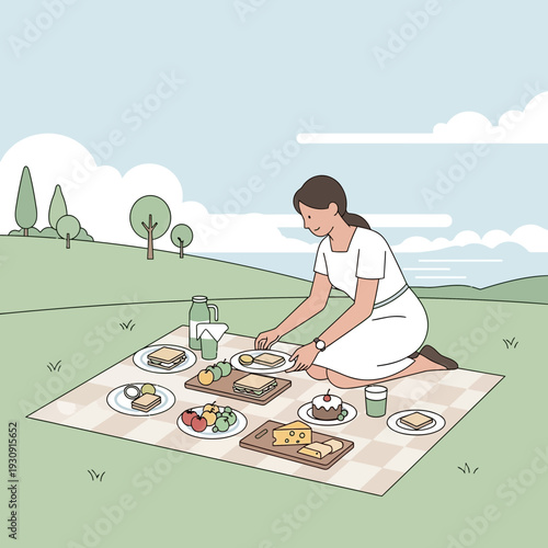 Whimsical Outdoor Picnic Spread With A Woman Enjoying A Sunny Day