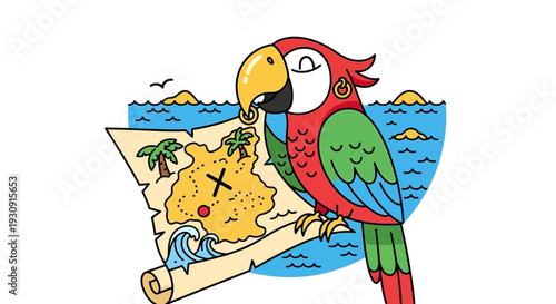 Whimsical Parrot Holds Treasure Map In Tropical Island Setting