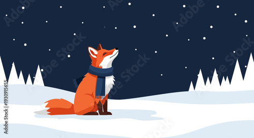 Whimsical Fox Gazing At Falling Snowflakes Under A Starry Night Sky