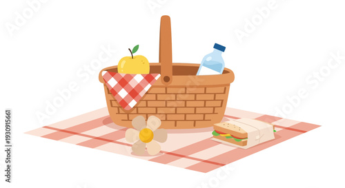 Whimsical Picnic Basket With Food And Flower On A Gingham Blanket
