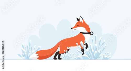 Whimsical Fox Illustration with Winding Key and Winter Flora Graphics
