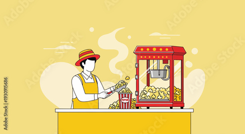 Whimsical Popcorn Vender Preparing Snacks With A Classic Machine