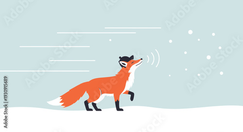 Whimsical Fox In Winter Snow Storm Listening To Sound Waves