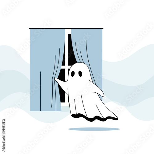 Whimsical Ghost Peeking Through Blue Curtains With Playful Spirit