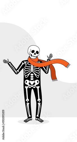 Whimsical Skeleton Cozy In A Bright Scarf Against A Neutral Backdrop