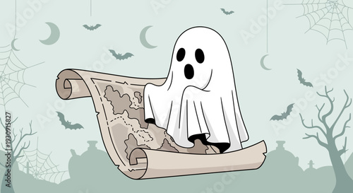 Whimsical Ghost Explorer Studying An Ancient Treasure Map Of Spooky Island