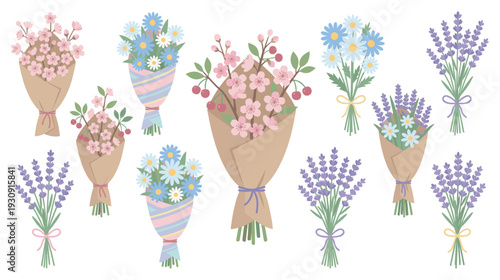 Various beautiful flower bouquets arranged in a charming collection, featuring cherry blossoms, daisies, and lavender for spring celebrations.