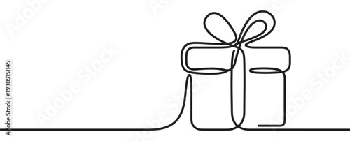 Gift box drawing created with a single continuous black line illustration symbolizing celebration, surprise, and special occasions.