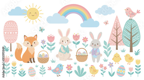 Cute cartoon spring Easter animals and elements create a charming collection of illustrations perfect for children's designs and festive projects.
