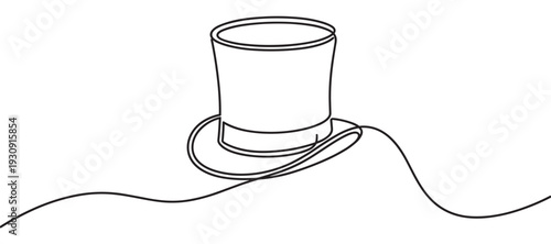 Continuous line drawing of a top hat, a classic formal accessory for magic shows and elegant events, rendered in a minimalist artistic style.