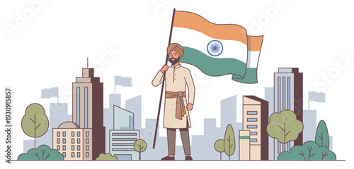 Indian man proudly holding national flag in front of a vibrant city skyline illustration, celebrating patriotism and national pride.