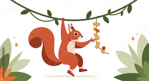 Whimsical Squirrel Reaching For Peanuts Hanging From A Vine