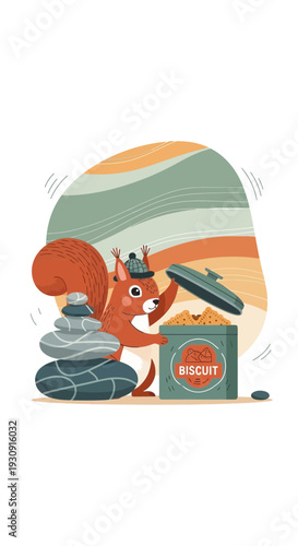 Whimsical Squirrel Unveiling Biscuit Treasure in Playful Abstract Scene