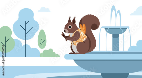 Whimsical Squirrel With Bread Carrying A French Baguette By A Fountain