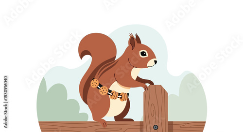 Whimsical Squirrel With Cookie Belt Perched On Wooden Fence