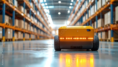 Yellow autonomous mobile robot navigating through large distribution warehouse aisle lined with tall industrial shelving and packages