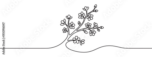 Flowering branch continuous line art drawing minimalist design illustration of nature's beauty and delicate spring blossoms.