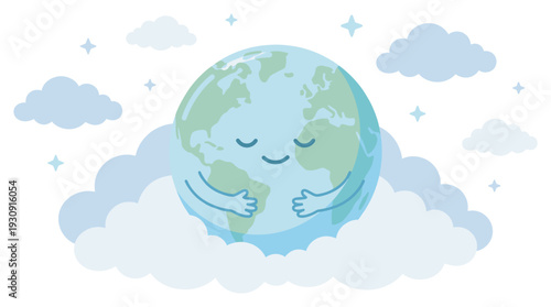 Happy cartoon Earth character gently embraces itself, surrounded by soft clouds and twinkling stars, symbolizing environmental care and protection.