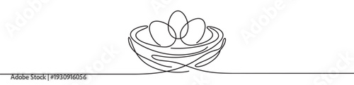 Continuous line drawing bird's nest with three eggs symbolizing new life, family, and protection in a minimalist style.
